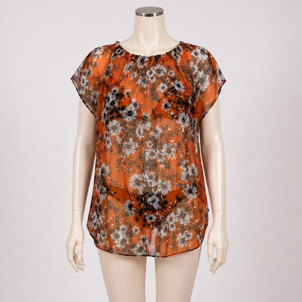 FUZZI Orange Floral Print oversized Top Women's Size M Sheer Italian beach cover